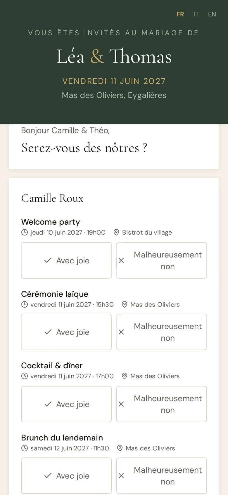 Page de réponse d'un invité sur téléphone